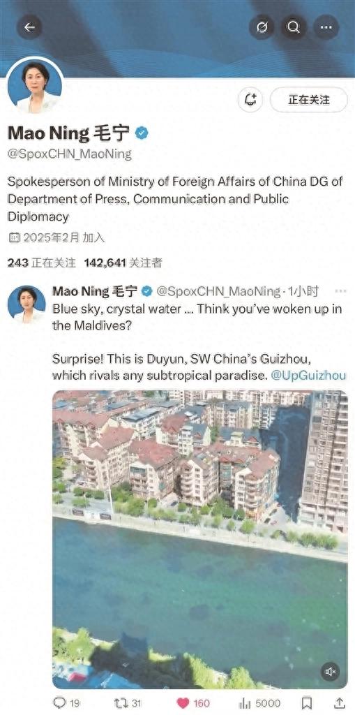 外交部发言人毛宁在推特点赞都匀剑江河
