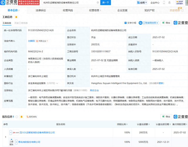 青鸟消防在杭州成立智能消防设备公司
