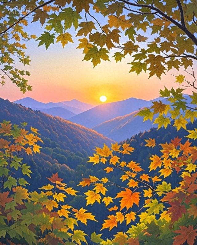 林间观日，枫叶似火