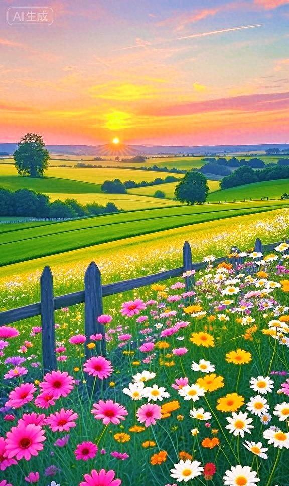 漫山花海裹挟温柔日落，目之所及尽是美好，这个景色真的好治愈啊