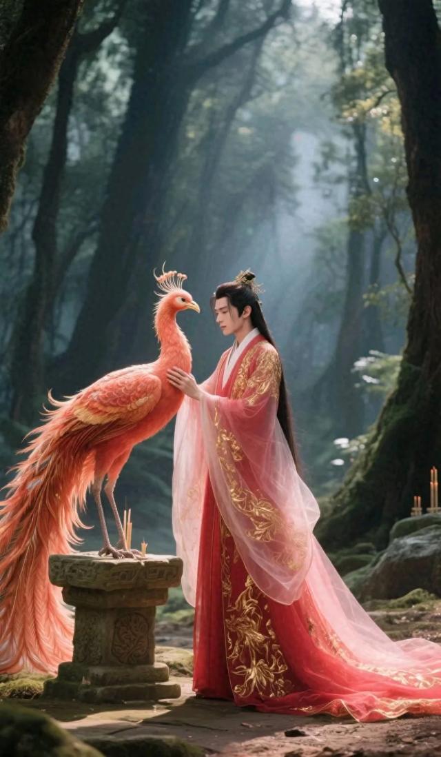 奇幻之境：红衣女子与火鸟在仙气森林的绝美邂逅