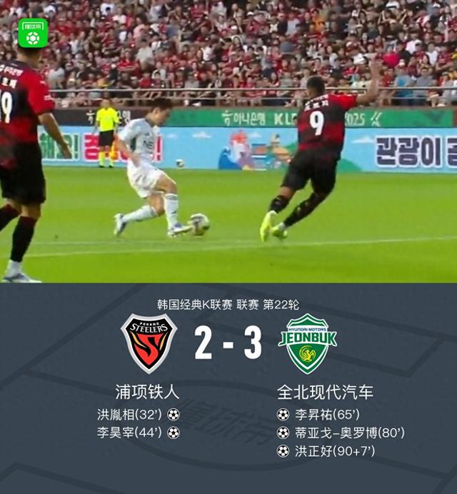 全北现代3-2逆转浦项铁人，洪正好绝杀，奥罗博传射