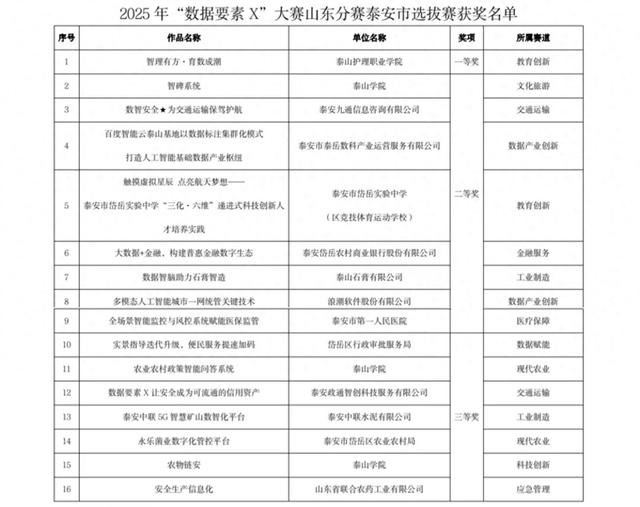 岱岳区16个数字化项目荣获2025年“数据要素X”大赛山东分赛泰安选拔赛奖项