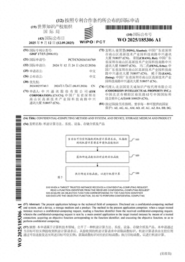 中兴通讯公布国际专利申请：“机密计算方法、系统、设备、存储介质及产品”