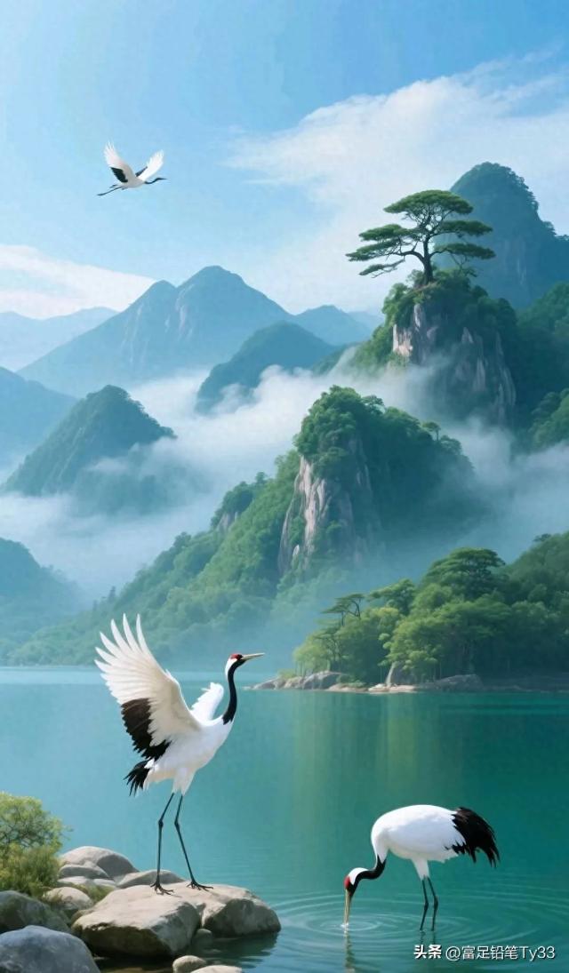 仙鹤翩翩起舞，山水如画，美不胜收！