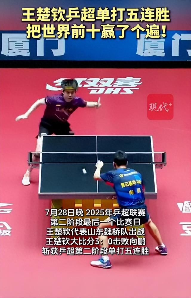 王楚钦乒超单打五连胜，把世界前十赢了个遍