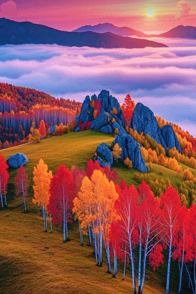 红花桦拥秋阳，奇峰入抱云海阔，山河美景任徜徉