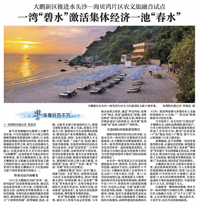 【深圳特区报】大鹏新区推进水头沙—海贝湾片区农文旅融合试点 一湾“碧水”激活集体经济一池“春水”