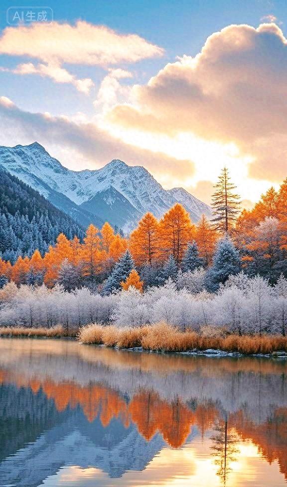 初雪吻过的金林，在镜湖里映成冰峰的温柔