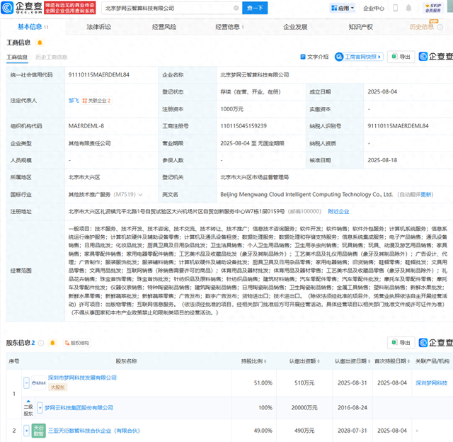 梦网科技等投资成立云智算科技公司