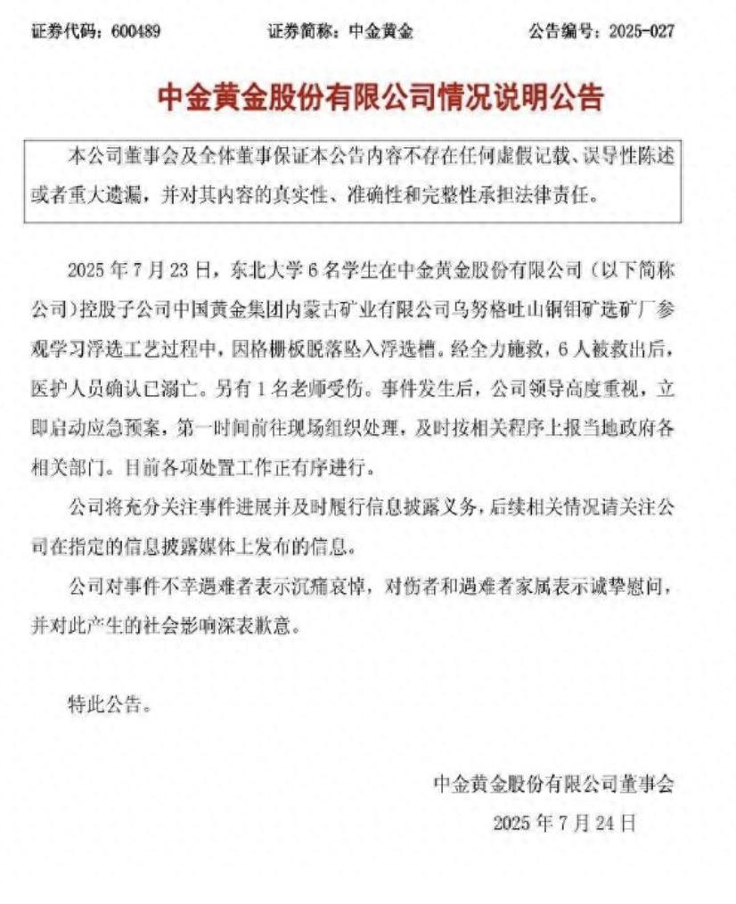 6名大学生参观学习中意外坠落溺亡,中金黄金:沉痛哀悼(图1) 6名大学生参观学习中意外坠落溺亡,中金黄金:沉痛哀悼(图1)