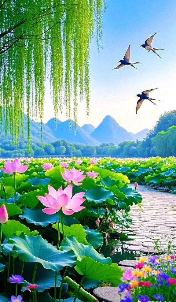荷叶卷绿浪，荷花映远山，景色太美了！