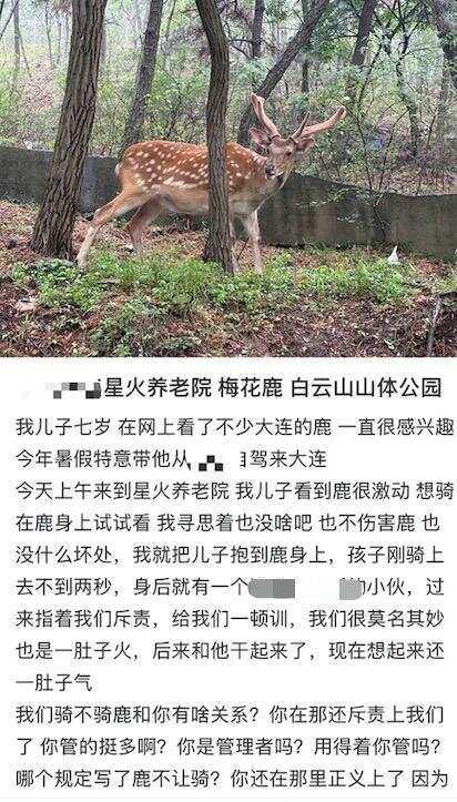 女子自曝观赏梅花鹿时让孩子骑鹿，引发网友争议