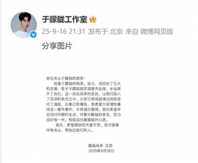 于朦胧母亲公布儿子死亡原因