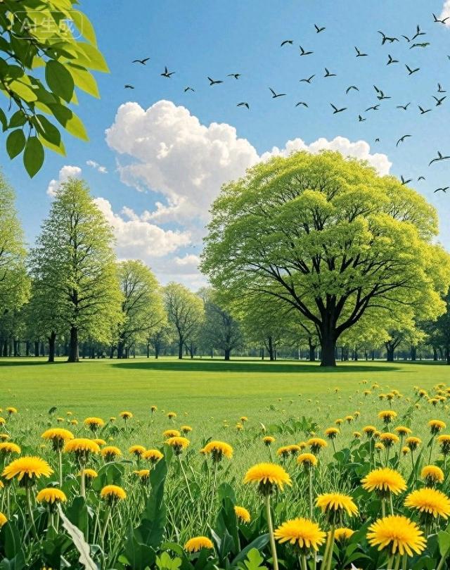 在蒲公英花海的阳光里，绿树盎然绿意，这风景太治愈了