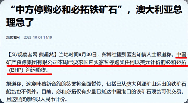 “中方停购必和必拓铁矿石”，澳大利亚总理急了：“令人失望”