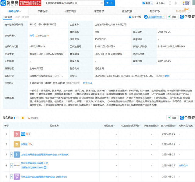 浩辰软件等新设数智软件技术公司，注册资本1.5亿元