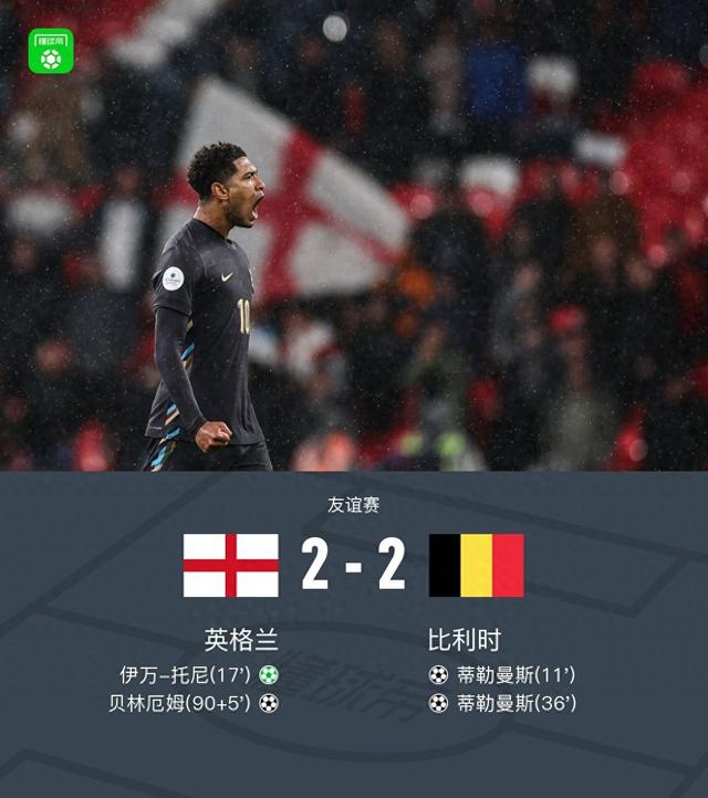 英格兰2-2比利时，蒂勒曼斯梅开二度，贝林厄姆读秒绝平
