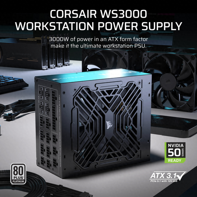 海盗船推出WS3000白金牌工作站电源：175mm长，4组12V-2×6