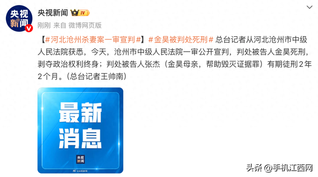 河北孟村男子家暴妻子致死案一审宣判：金昊被判处死刑	，张杰（金昊母亲，帮助毁灭证据罪）被判2年2个月