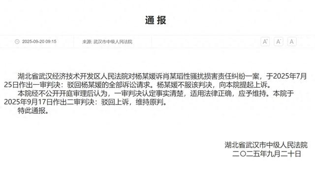 武汉中院：驳回杨某媛上诉