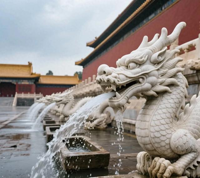 北京暴雨故宫龙头排水系统火了，六百年老技术比现代管道靠谱。