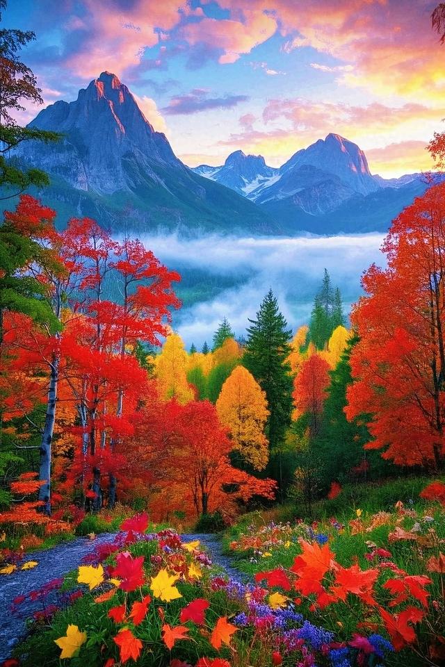 峰隐云间，秋林尽染