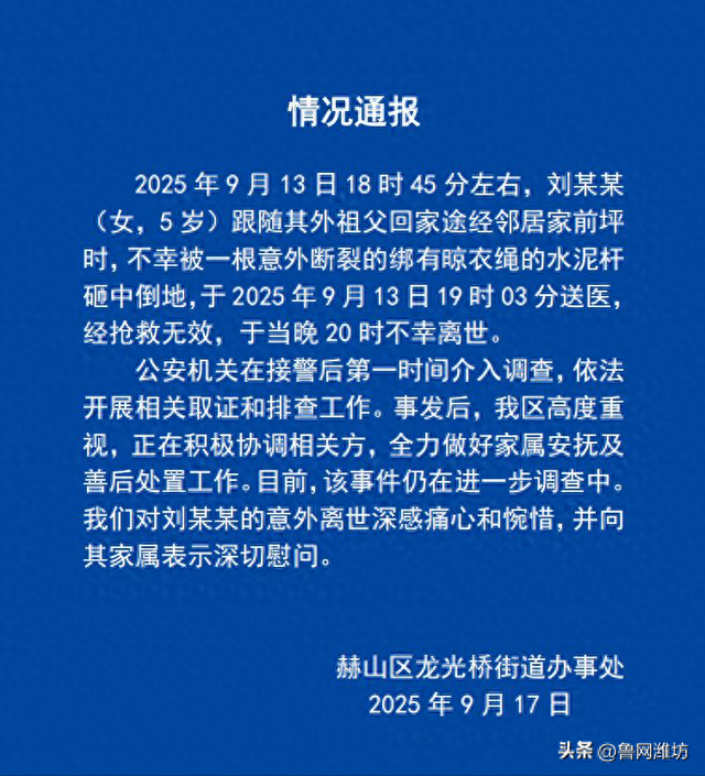 突发！刘某某（女，5岁）回家途中被砸中，不幸身亡！官方通报：意外断裂！