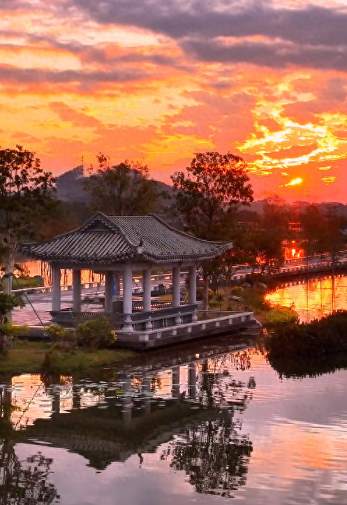 增城荔湖上演“天空之镜”，日出红霞美成仙境！