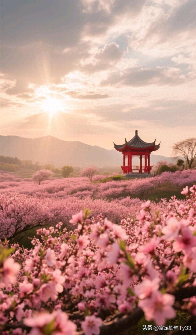 粉嫩花海拥古风亭台 一步踏入幻梦之境