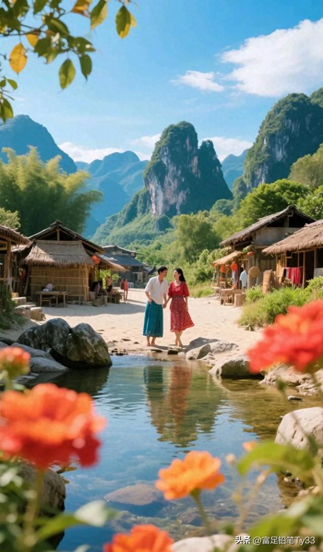 “山间小溪边，情侣漫步，如画美景，心旷神怡”