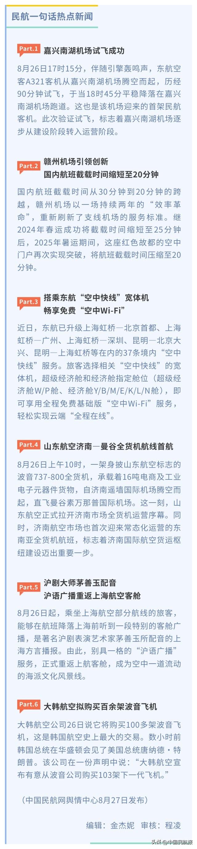 【民航一句话热点新闻】（8月27日发布）