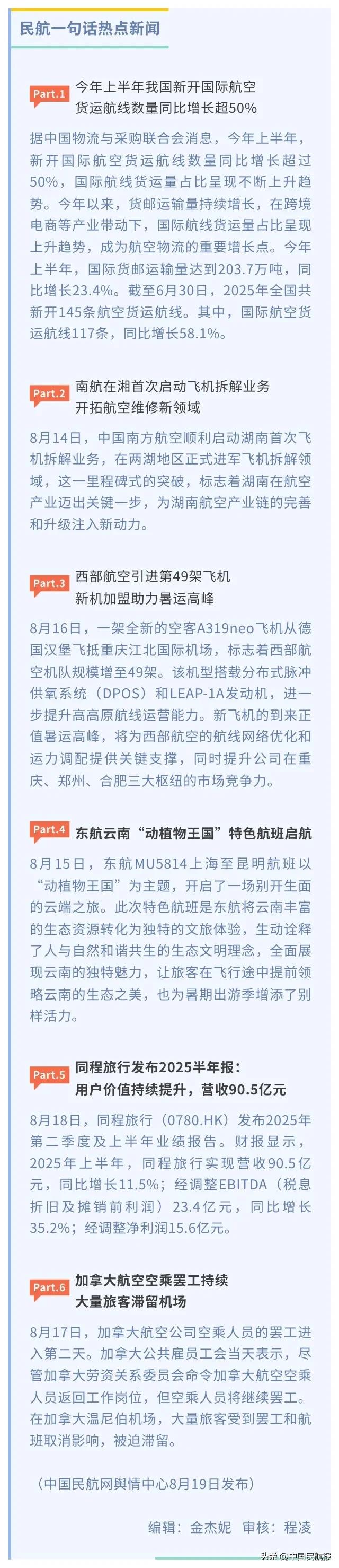 【民航一句话热点新闻】（8月19日发布）