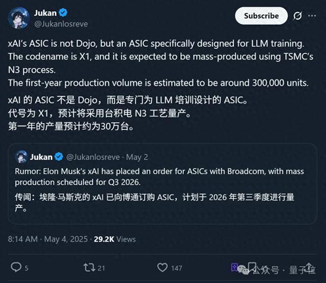 马斯克xAI自研推理芯片曝光！代号X1、台积电3纳米工艺、明年量产