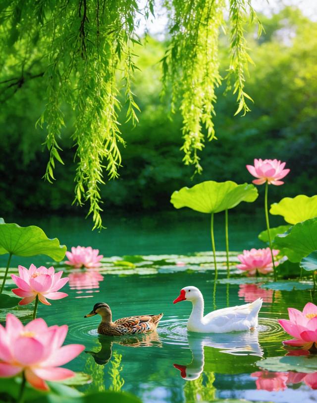 柳丝垂落映碧水，粉荷双鸭相映趣，这荷塘景色也太好看了吧！