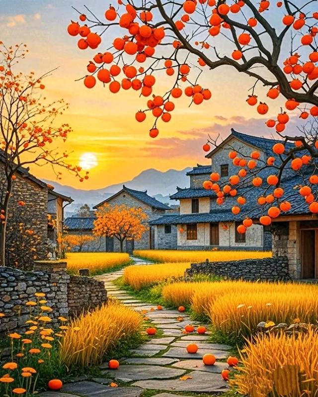 乡村的秋色，金黄麦浪翻涌，红柿枝头添喜，古村静美如画