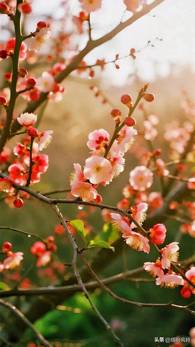 晨雾裹着金芒漫过梅枝