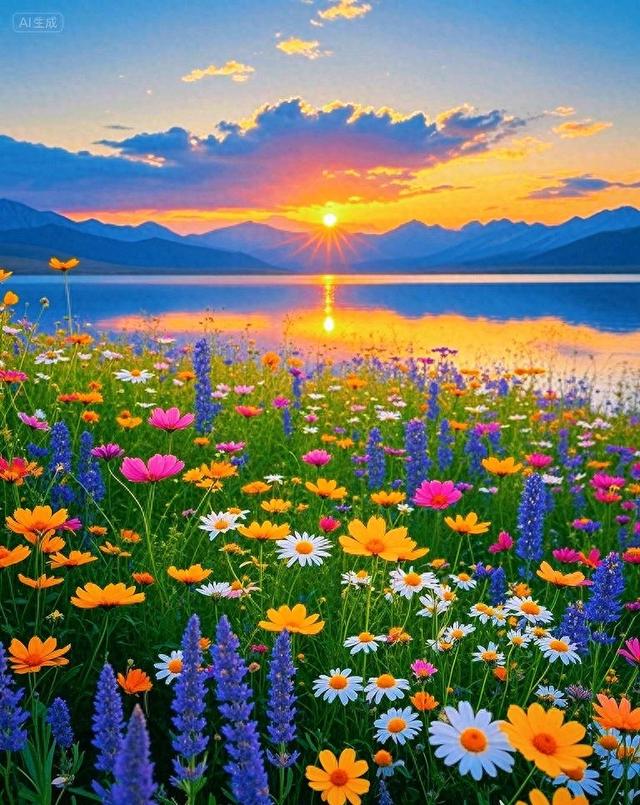 黄昏下的花海、湖泊与远山，每一处都美到让人心醉～