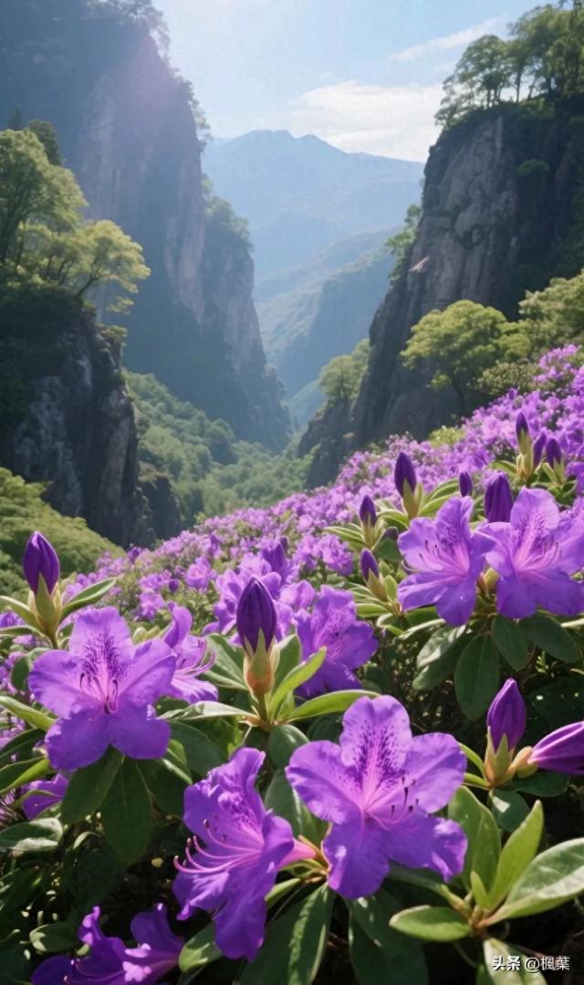 紫色杜鹃花盛开，山谷里独特的风景。