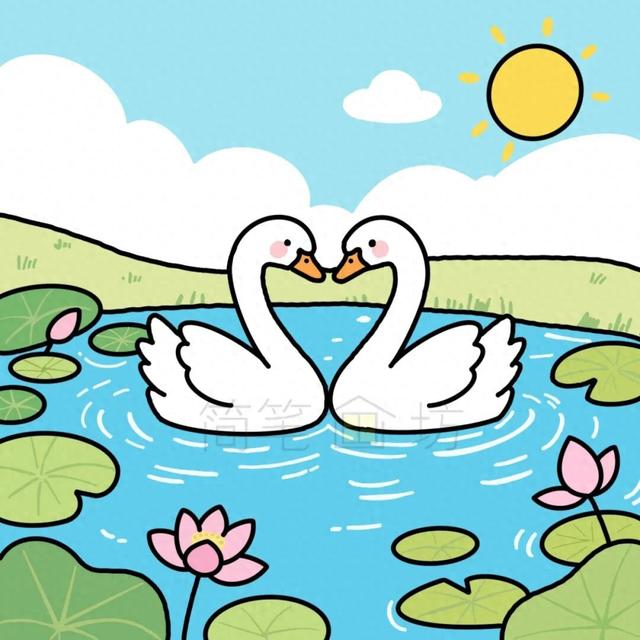 天鹅简笔画怎么画（治愈你的心一对白天鹅的浪漫简笔画附线稿）