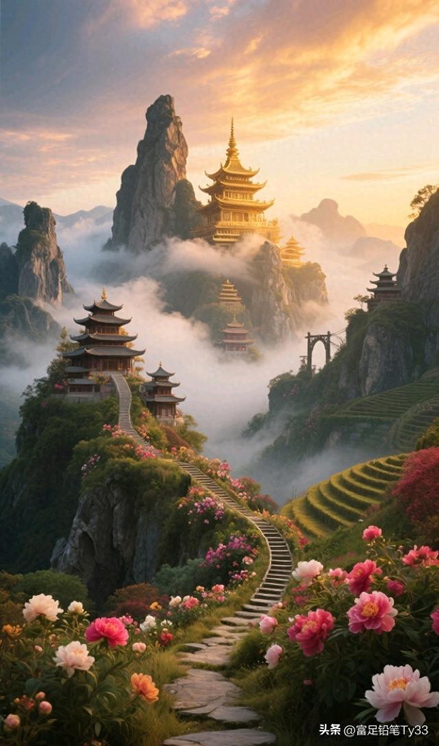 云深古寺藏仙境：雾绕阶前莲影动，一步一景入禅心