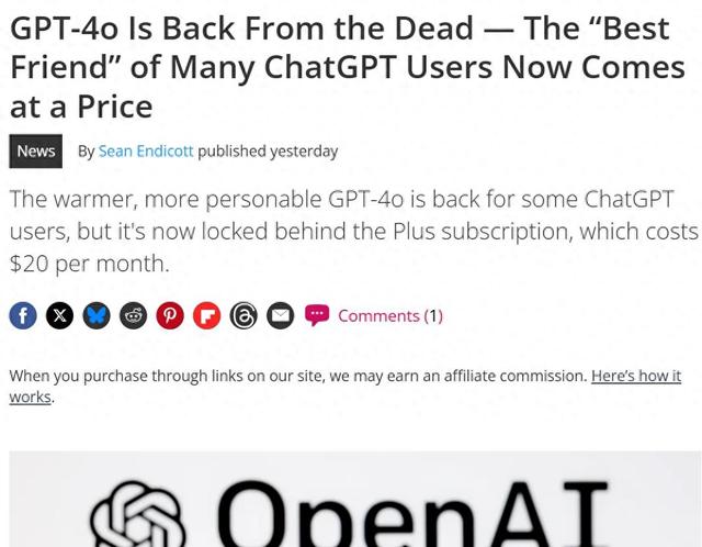 外媒：OpenAI恢复 GPT-4o 等旧模型，但仍需付费