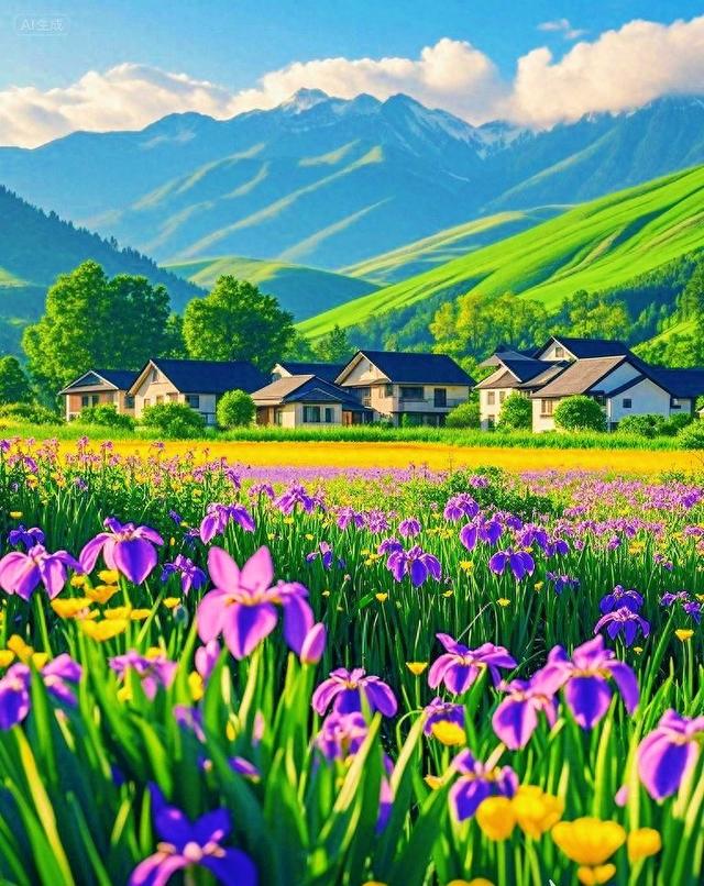 紫色花海、彩色花田、村庄、青山、蓝天，太治愈了