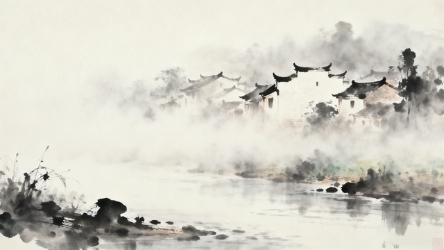 晨雾缭绕，远处的村庄若隐若现，如梦似幻