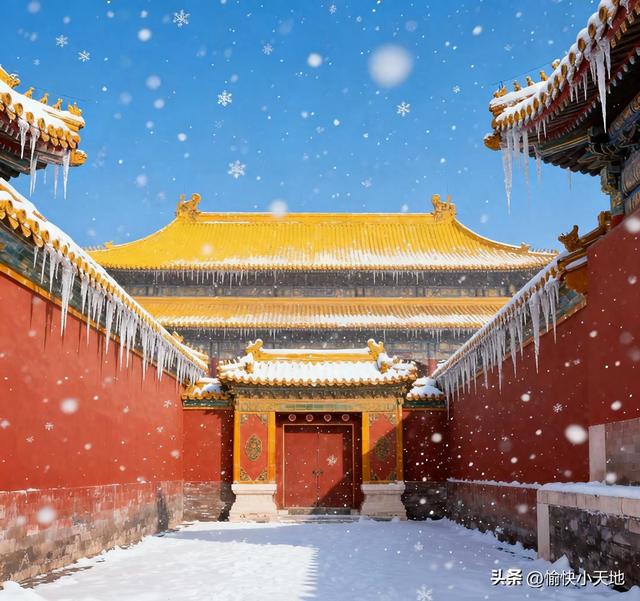 紫金城披上银装，红墙金瓦映衬着漫天飞舞的雪花，这画面太美了。