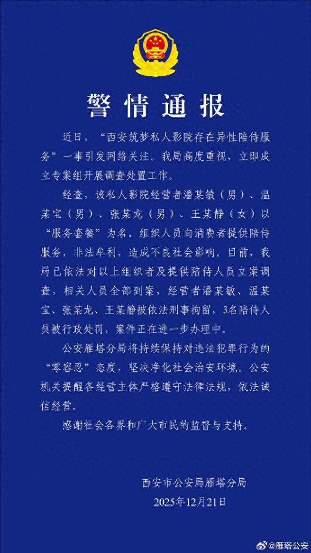警方通报：西安筑梦私人影院经营者潘某敏（男）、温某宝（男）	、张某龙（男）、王某静（女）被刑拘	，3名陪侍人员被行政处罚