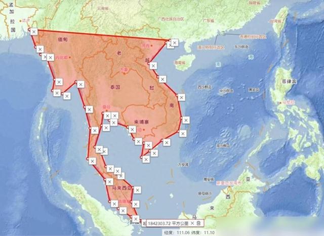 中国有领土延伸到中南半岛，面积10000多平方公里