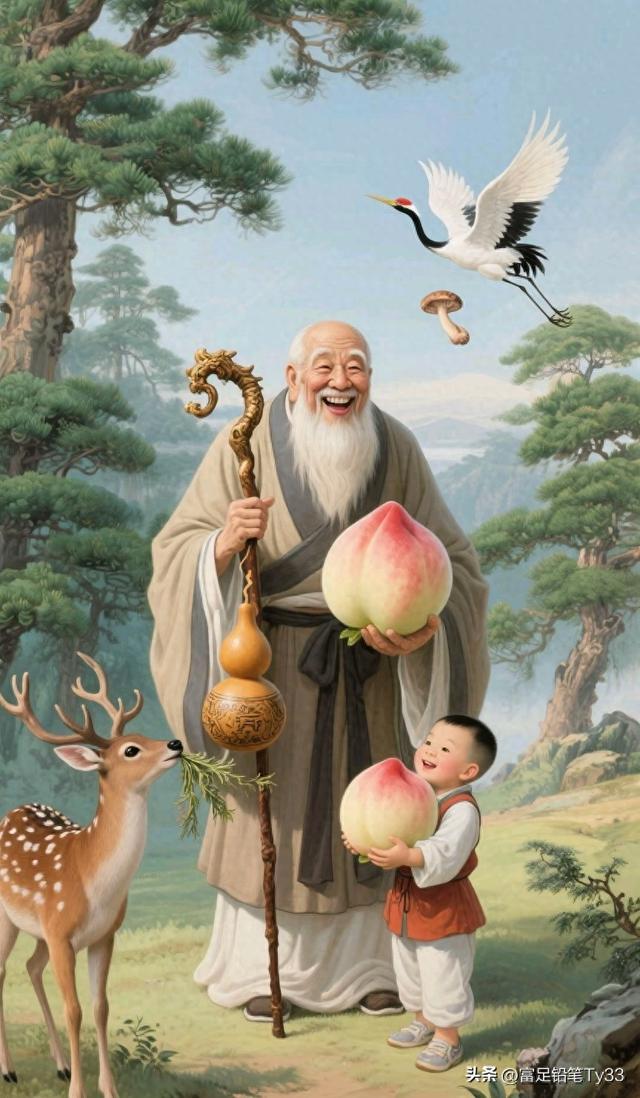 探秘桃源仙景：仙翁孩童共品仙桃，鹿鹤相伴谱悠然曲！