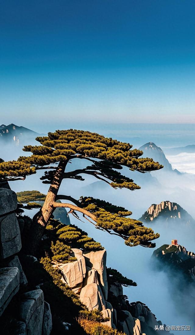 山顶古松傲然挺立，云雾缭绕如仙境，我竟品尝到超然物外的滋味