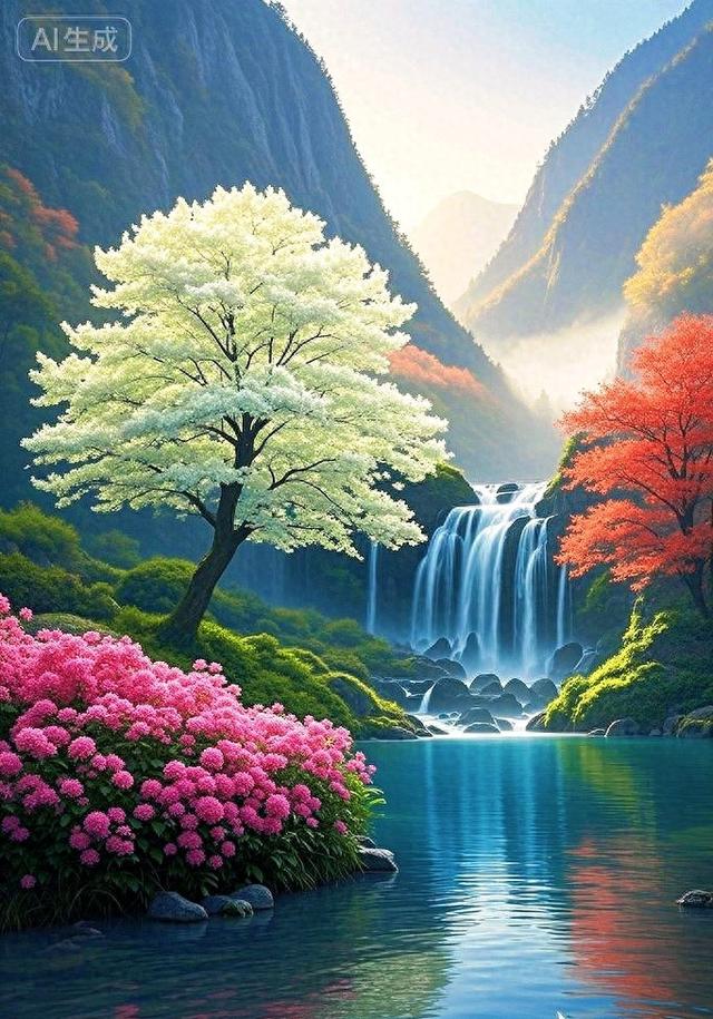 青山、彩树配瀑布，这自然风景看着太治愈了